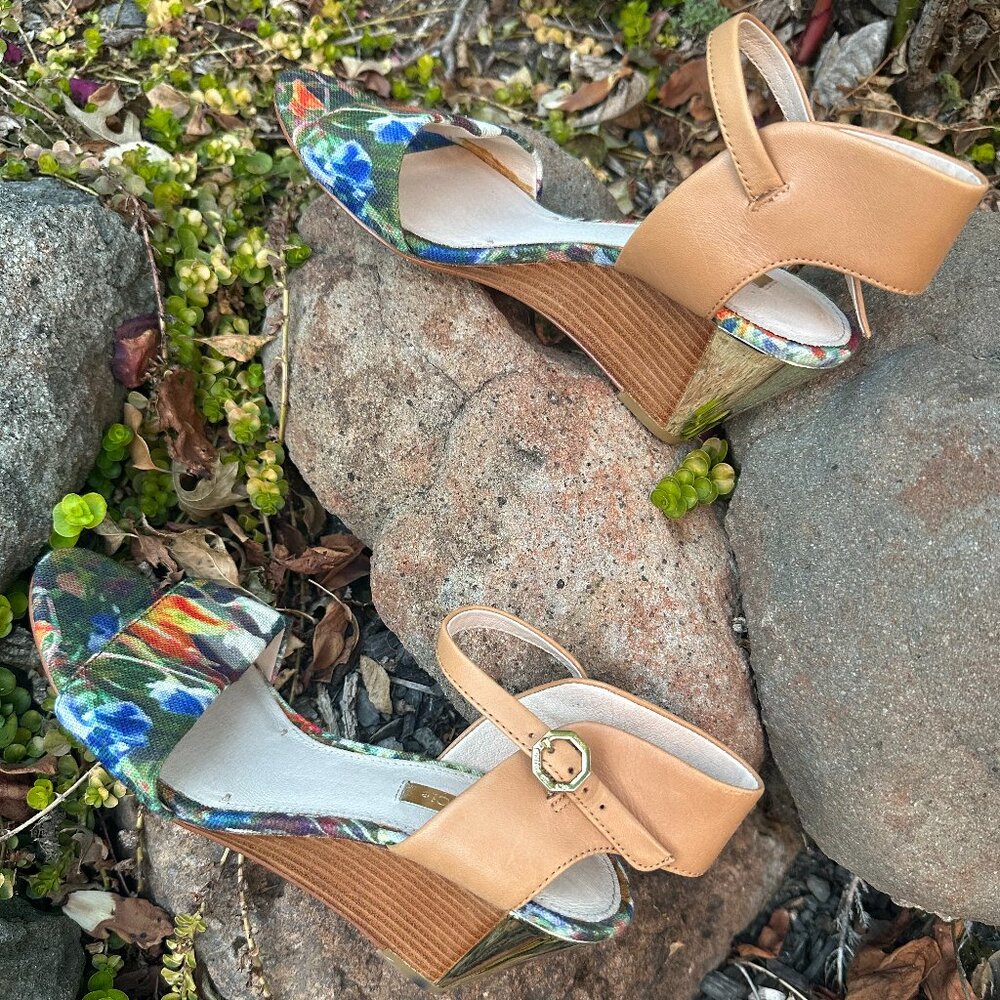 Louise et Cie Floral Wedge Heels | Gold Heel Leather Ankle Strap Sandals Size 6 - Picture 3 of 10